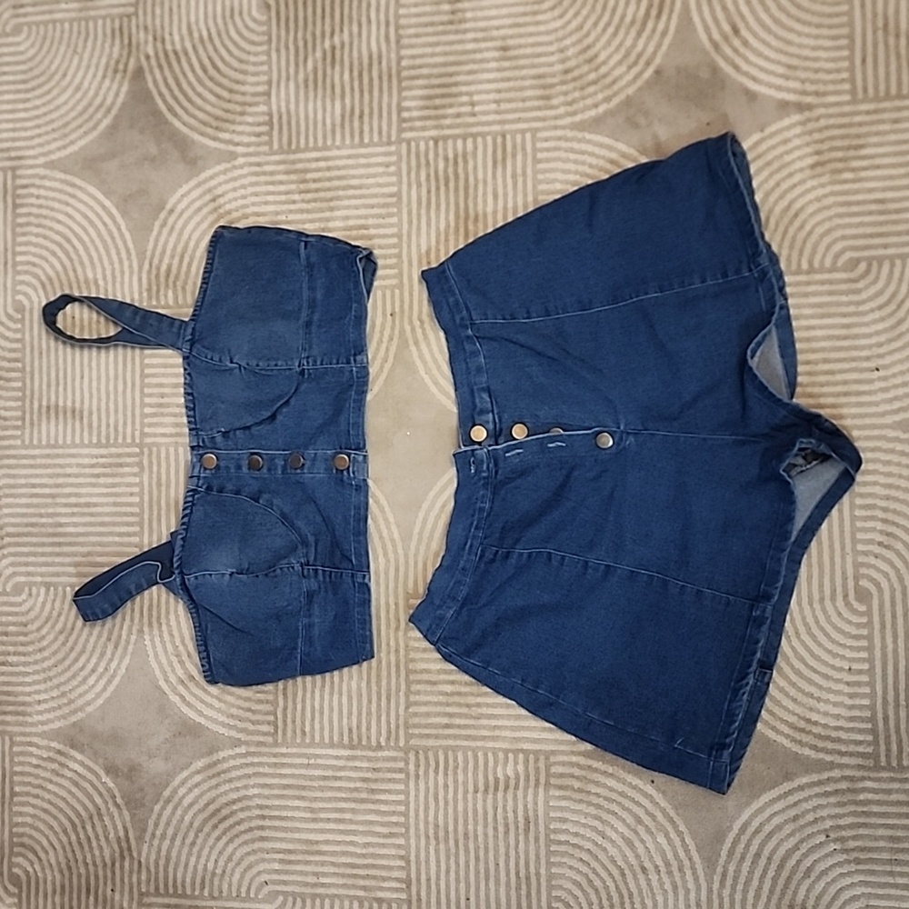 RETROD jean two-piece crop top and high waist short set